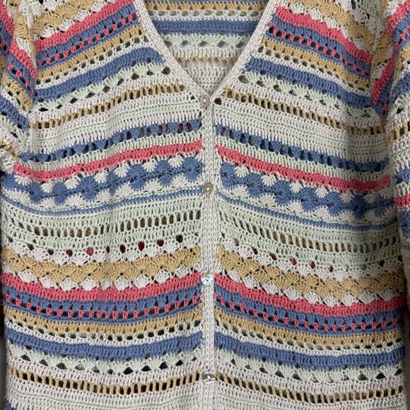 Coldwater Creek Vtg Crochet Cardigan Women's Medium Boho Striped Ramie Cotton - Picture 4 of 12